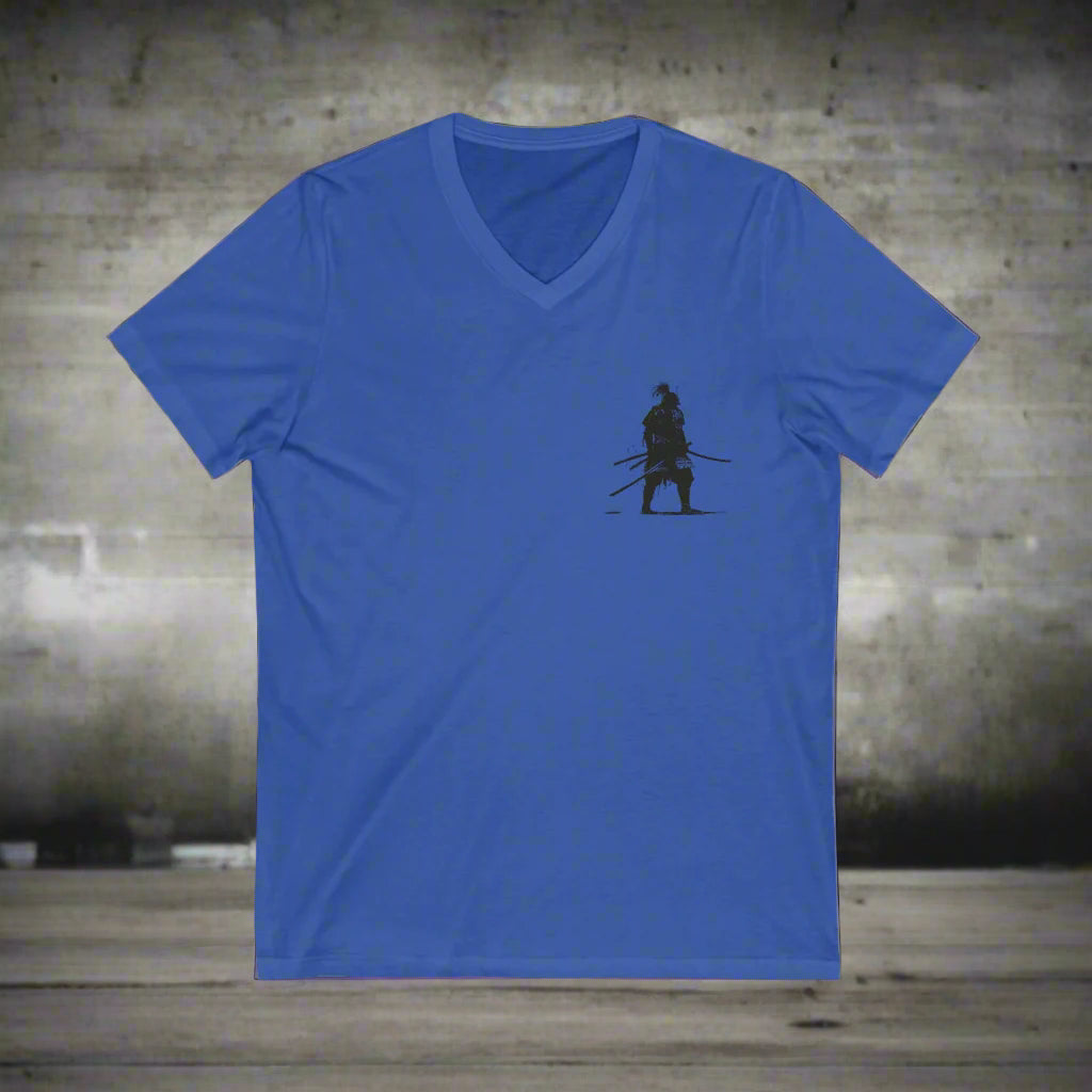 Blue Red Warrior Spirit Unisex V-Neck Tee - Samarai Fighter Bold Design for Adventurers