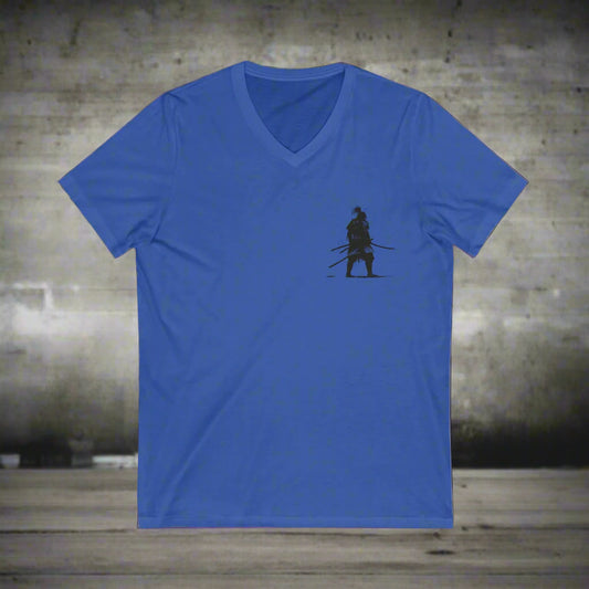 Blue Red Warrior Spirit Unisex V-Neck Tee -  Samarai Fighter Bold Design for Adventurers