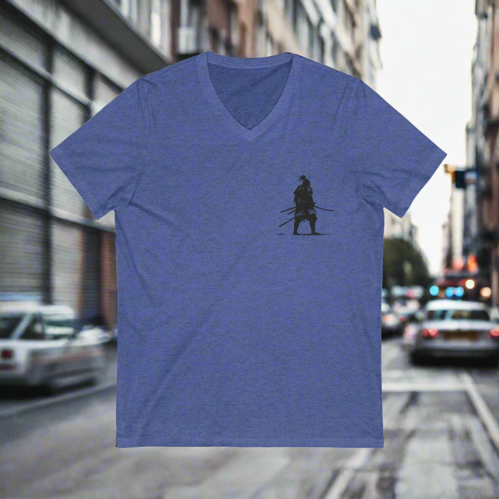 Blue Red Warrior Spirit Unisex V-Neck Tee - Samarai Fighter Bold Design for Adventurers