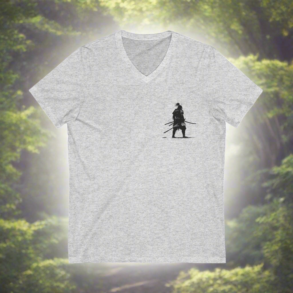 grey silver Red Warrior Spirit Unisex V-Neck Tee - Samarai Fighter Bold Design for Adventurers