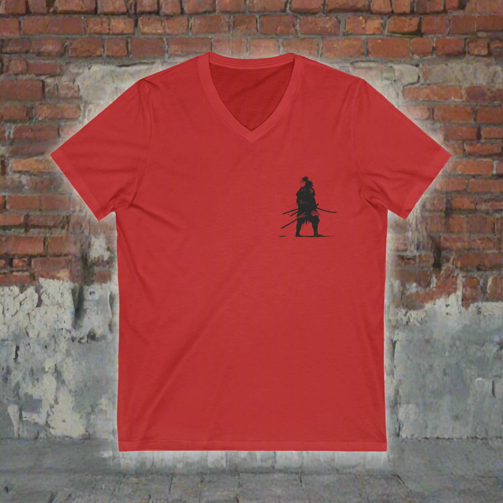 Red Warrior Spirit Unisex V-Neck Tee - Samarai Fighter Bold Design for Adventurers