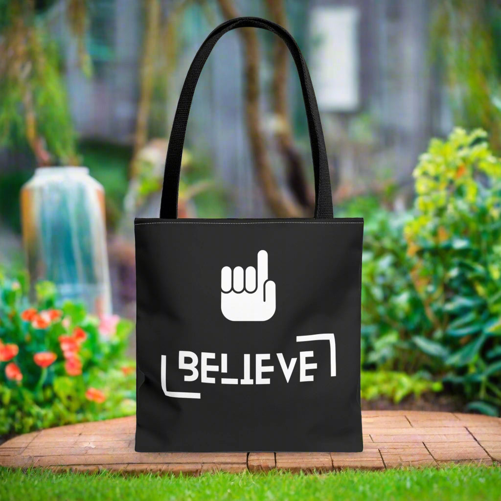 Women's Black White BELIEVE casual tote bag