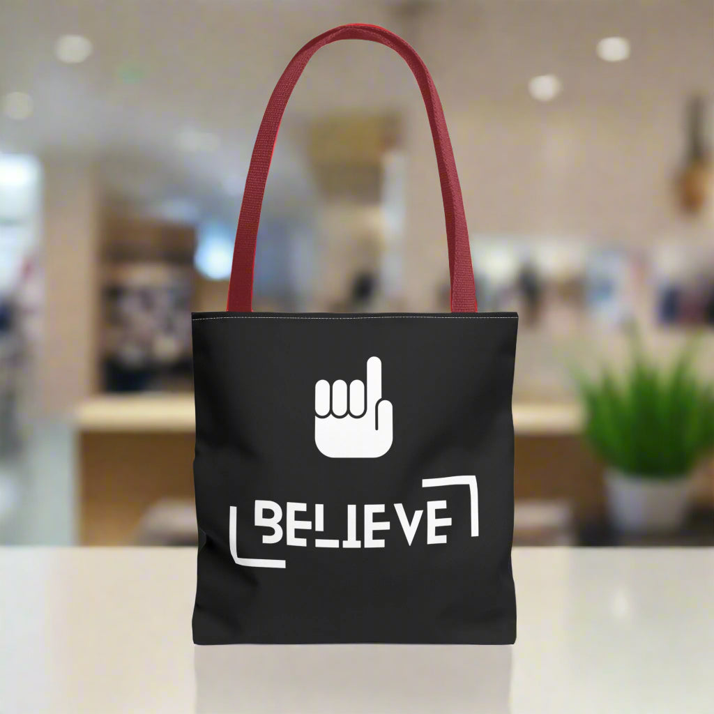 Women's Black White Red BELIEVE casual tote bag