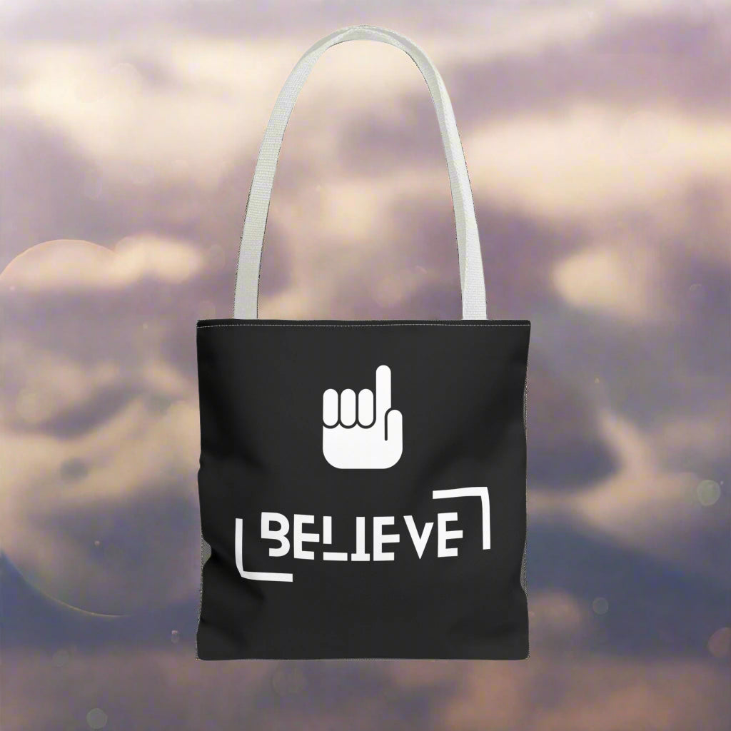 Women's Black White BELIEVE casual tote bag