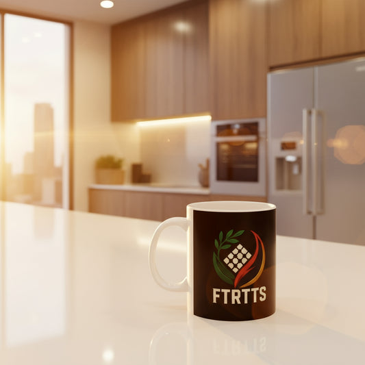 Black mug with colorful logo and 'FTRTTS' text on a white background Free Palestine