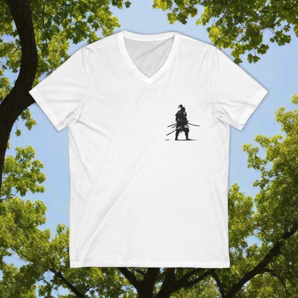 white Warrior Spirit Unisex V-Neck Tee -  Samarai Fighter Bold Design for Adventurers