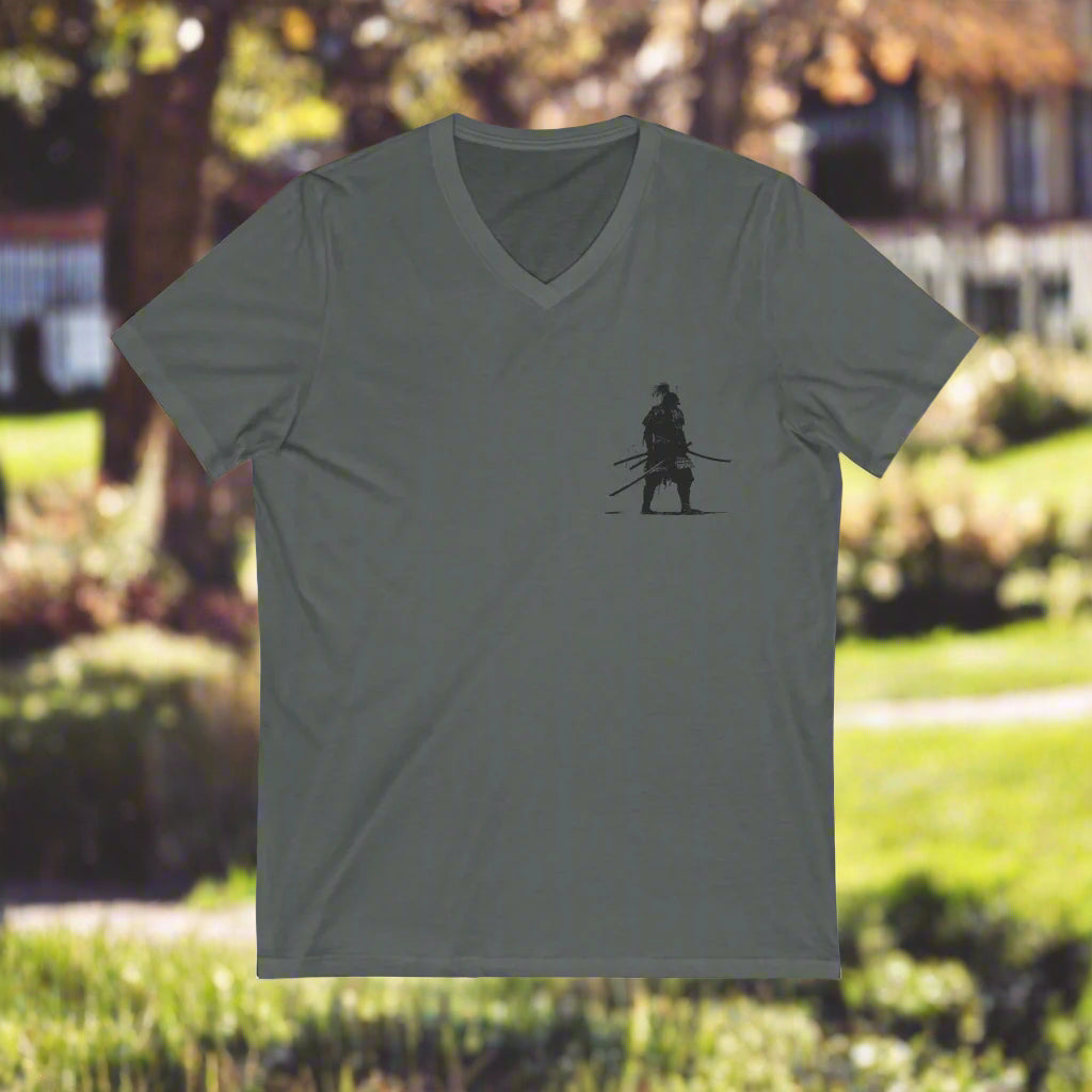 Dark grey mens Red Warrior Spirit Unisex V-Neck Tee -  Samarai Fighter Bold Design for Adventurers